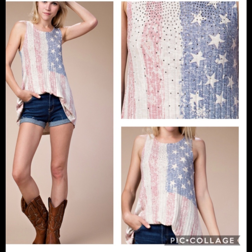 - Vocal Women’s American Flag Top with Bling! Scoop bottom!